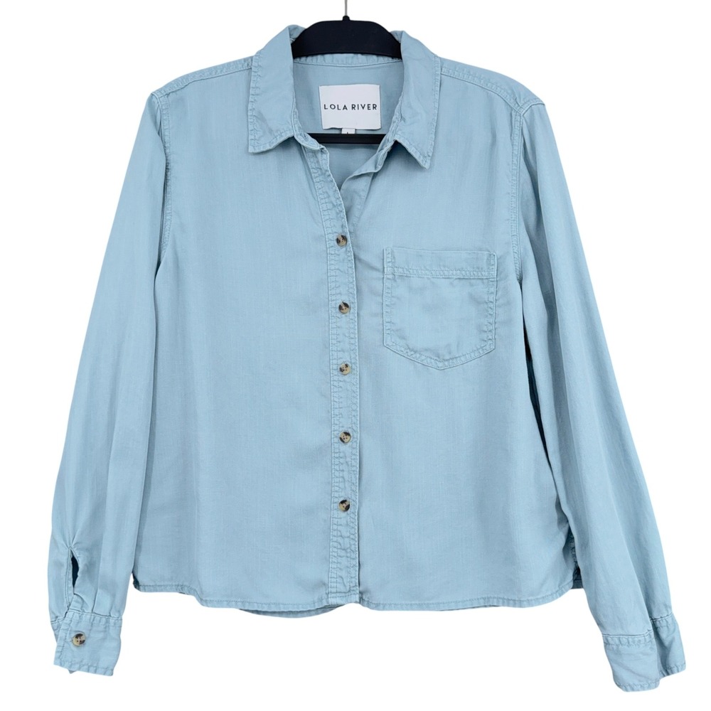 Lola River Button Down Shirt Womens L 100% Tencel Lyocell Light Blue